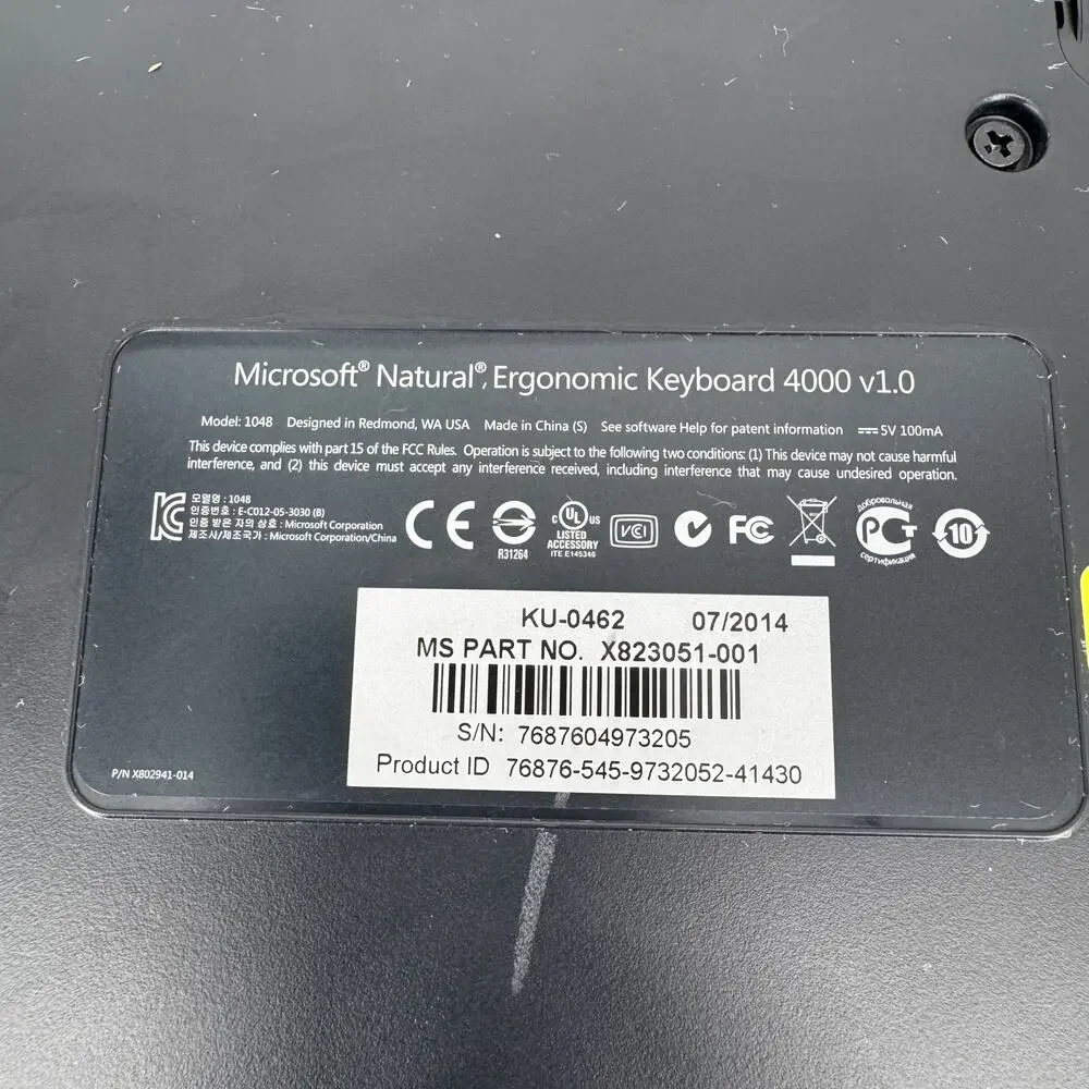 Microsoft Natural Ergonomic Keyboard 4000 v1.0 Model KU-0462 USB Tested